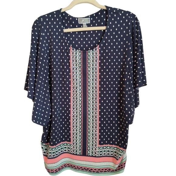 JM Collection Tunic Top Women's Sz L Blue Mixed Print Angel Sleeve Popover - Picture 1 of 11